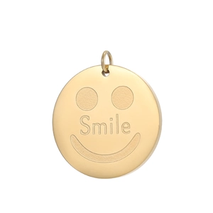 Minimalist gold stainless steel round charm with engraved smile face and Smile text