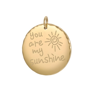 Detail of round gold stainless steel pendant with You are my sunshine engraving and sun icon