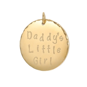 Detailed view of a gold circular charm featuring Daddy's Little Girl engraving