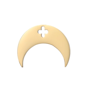 Detailed view of a gold crescent moon pendant with a hollow cross center and polished finish