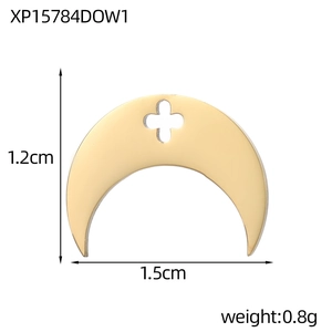 Detail view of crescent metal pendant with cross cutout and size dimensions 1.5cm x 1.2cm