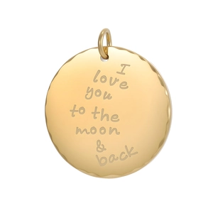 Detailed macro view of golden circular pendant with moon and back engraved text