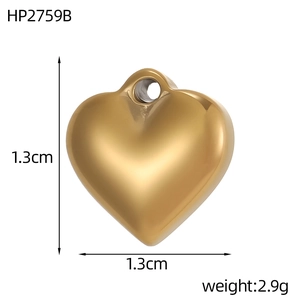 Polished gold heart charm detail showing 1.3cm size dimensions and 2.9g weight specifications