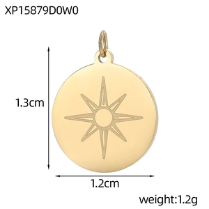 Detailed view of 1.3cm vintage gold round pendant with engraved star and sun pattern