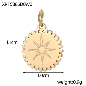 Macro detail of a 1.1cm gold circular pendant featuring starburst pattern and scalloped edges