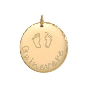 Polished gold stainless steel round pendant with baby footprints and custom name engraving