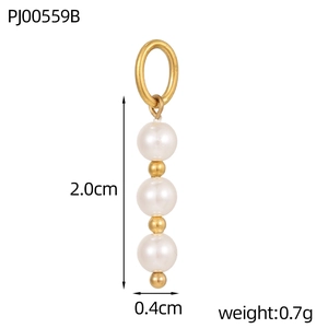 Detailed view of triple pearl pendant with gold beads and dimensions for jewelry making