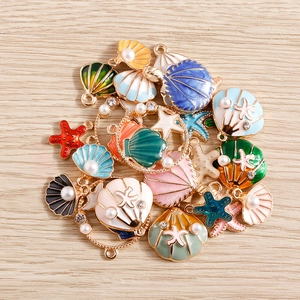 Colorful sea shell and starfish enamel charms with pearls for DIY jewelry making