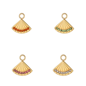 Stainless Steel Fan Shape Rhinestone Pendant For Necklace Bracelet Making DIY Jewelry Accessories Colorful Stone Charms