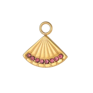 Gold fan-shaped pendant with pink zircon inlay and radial texture for DIY jewelry