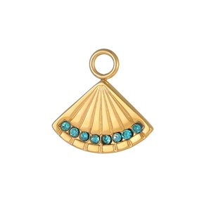 Macro detail of a gold fan-shaped pendant with eight inlaid blue crystals and top ring