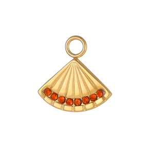 Gold fan-shaped pendant with orange crystal stones and radiant texture on white background