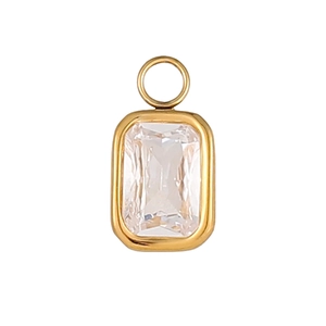 Colgante rectangular de oro minimalista con cristal transparente sobre fondo blanco