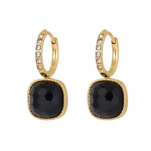 Elegant gold hoop earrings with square black crystal charms and zircon accents