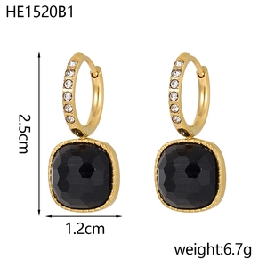 Detail of square black earrings with gold hoop and tiny zircon accents for women