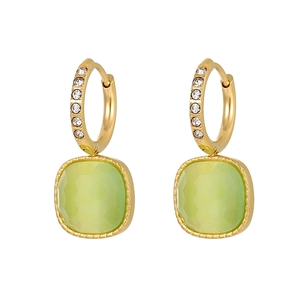 Minimalist geometric square earrings in 18K gold with green zircon and pavé detailing