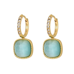 Elegant gold square charm earrings with blue gemstone and sparkling cubic zirconia stones