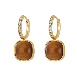 Detailed view of gold square hoops featuring brown honeycomb-cut gemstone and zircon accents