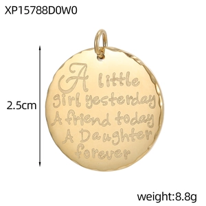 Detailed view of 2.5cm gold vintage circular pendant with engraved daughter quote
