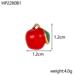 Colgante de manzana en esmalte rojo con hoja verde y aro dorado para joyería DIY