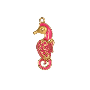 Pendentif hippocampe détaillé en métal doré avec émail rose pour la création de bijoux