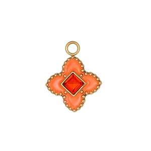 Pendentif trèfle à quatre feuilles en émail orange avec détail de pierre précieuse rouge