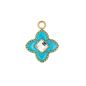 Pendentif trèfle à quatre feuilles en émail bleu avec cristal et bordure dorée