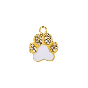Close-up of golden bear paw pendant with white enamel and sparkling zircon stones