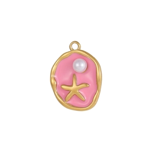 Golden starfish pendant with pink enamel and pearl on an organic metal oval shape