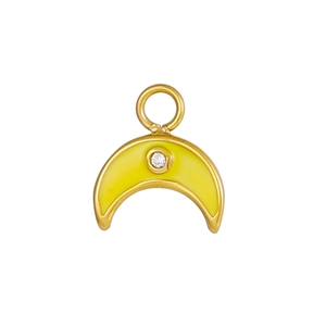 Golden crescent moon pendant with yellow enamel and a sparkling crystal center stone
