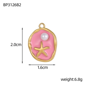 Detailed view of ocean style pendant with pink enamel, gold starfish, and white pearl