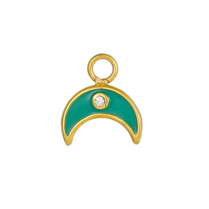 Golden crescent moon pendant with green enamel inlay and a centered white zircon