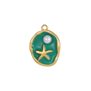 Golden sea star necklace with green enamel pendant and white pearl in ocean style