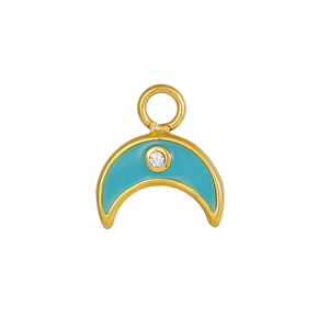 Detailed close-up of crescent moon pendant with turquoise enamel and zircon stone