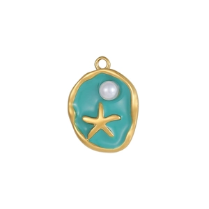Detailed view of irregular starfish pendant with blue enamel and faux pearl inlay