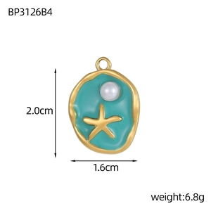Ocean style gold stainless steel starfish pendant with pearl and turquoise enamel