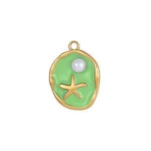 Detailed shot of starfish and pearl decoration on green enamel ocean theme pendant