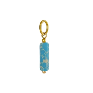 Vue détaillée d'un pendentif cylindre en marbre bleu avec embouts et anneau dorés