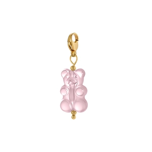 Detail eines rosa Bärenanhängers aus Harz mit poliertem goldenem Karabinerverschluss