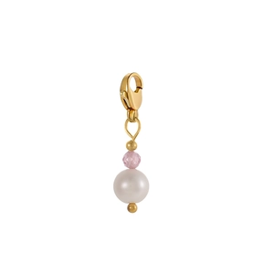 Chic pink faceted bead and large white pearl charm with gold-plated lobster clasp