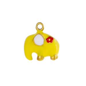 Cute yellow enamel elephant pendant with red flower detail and gold plated metal hook