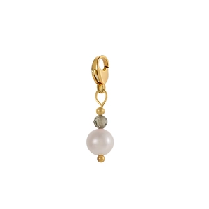 Detailed macro of gold lobster clasp with gray crystal and round white pearl pendant