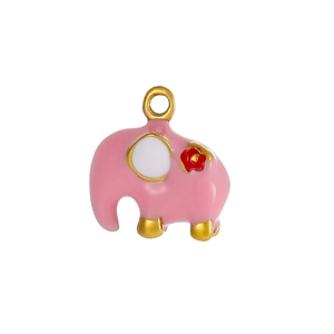 Detail of pink elephant charm with metal gold edges and small red floral accent