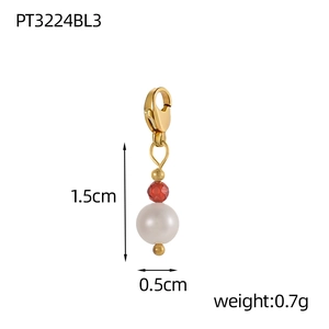 Detail of red bead and white pearl pendant with gold lobster clasp and size measurements