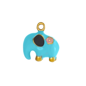 Close-up of a blue elephant pendant with gold accents and a pink flower detail