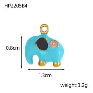 Detailed view of golden elephant pendant with turquoise enamel and pink flower