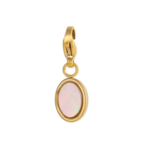 Macro detail of golden oval lobster clasp pendant with inlaid iridescent pink mother of pearl