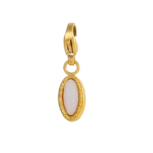 Detailed view of oval gold plated pendant with white shell inlay and lobster clasp hook