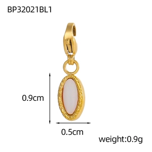 Detailed view of oval lobster clasp charm with white shell inlay measuring 0.9cm by 0.5cm