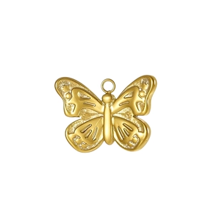 Detailed view of a golden butterfly pendant with textured wings for DIY jewelry